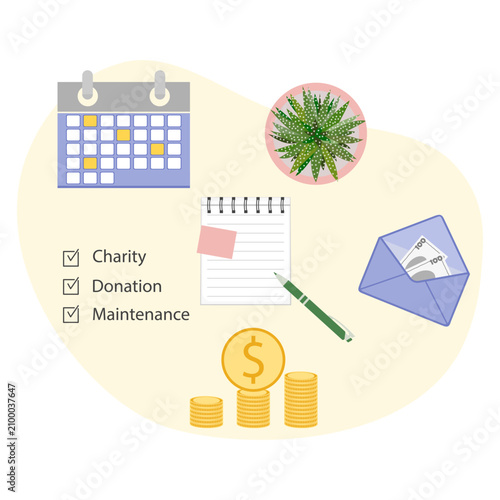 Finance-themed illustration featuring calendar, notepad, plant, envelope, and stacked coins