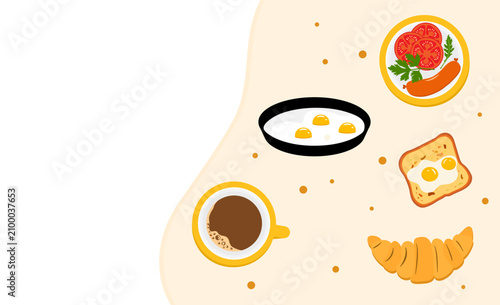 Illustrated breakfast with fried eggs, coffee, sausages, bread and croissant on white background