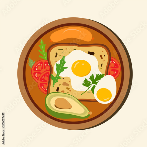 Breakfast platter featuring eggs, avocado, toast, and fresh vegetables on wooden plate background