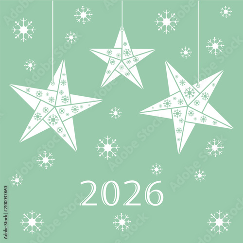 Christmas stars and snowflakes on green background with text 2026 celebrating holiday season