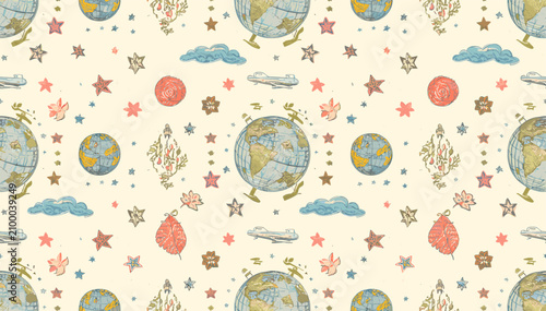 A whimsical seamless pattern featuring hand-drawn globes, stars, planets, clouds, and hot air balloons on a light background, evoking a sense of travel and exploration.