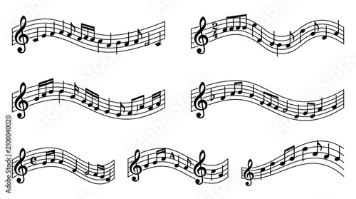 Foto Musical notes on wavy staff lines, black music notation vector set, classical me