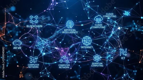 Digital network connections with various modern technology icons displayed