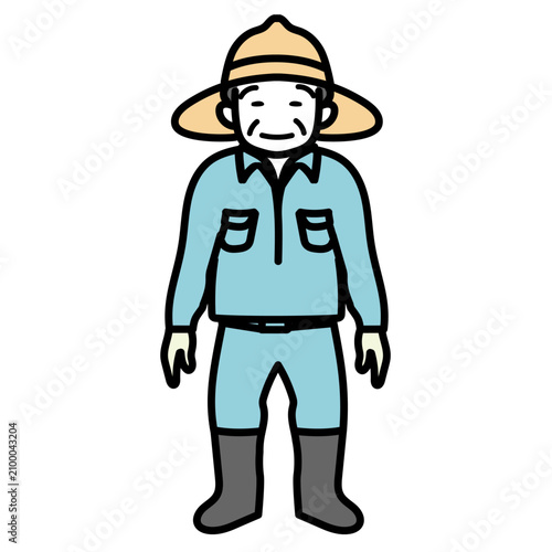 帽子と長靴を着用して正面を向いて立つ笑顔の高齢の男性農家｜農作業や畑仕事などの農業シーンに使えるシンプルな全身のベクターイラスト