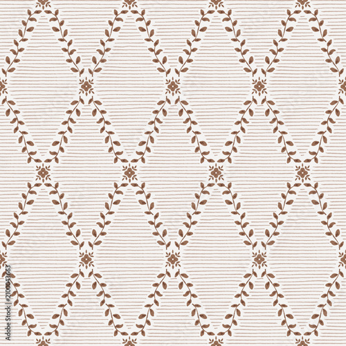 Brown vintage floral lattice seamless pattern, vector abstract geometric pattern with plant branches.