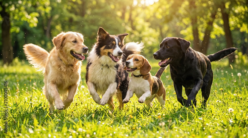 Multiple dogs playing together in sunny park, including golden retriever, border collie, beagle, and labrador retriever running on grass with joyful energy.