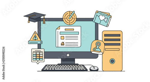 Desktop computer showing icons for productivity and multitasking