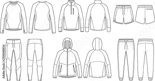 Technical Sportswear CAD Fashion Templates with Activewear Jackets Tops Pants and Shorts Vector Set
