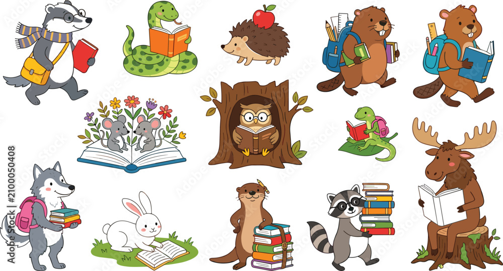 Fototapeta premium Cute forest animals reading books back to school cartoon vector set with owl wolf raccoon and moose