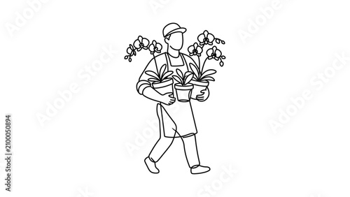 Gardener Carrying Potted Orchids