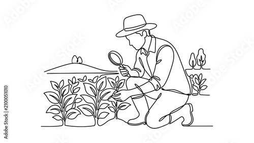 Farmer Inspecting Crops with Magnifying Glass in Field