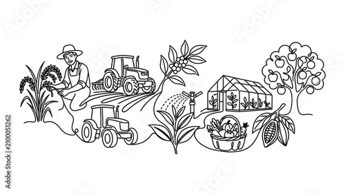 Organic Farming Agriculture Landscape with Farmer Tractors Greenhouse and Fruits Trees