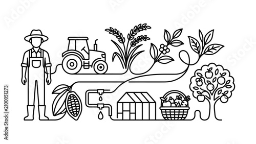 Farmer's Harvest Cycle: Tractor, Greenhouse, Fruits and Crops
