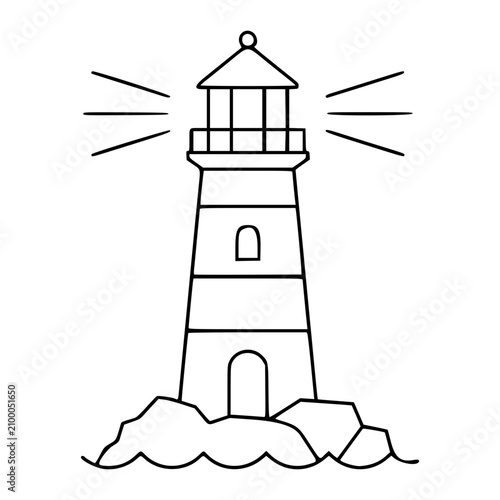 A minimalist black and white line art vector icon showing a stylized lighthouse silhouette with simplified geometric forms, perfect for logos, travel websites, or coastal business identities.