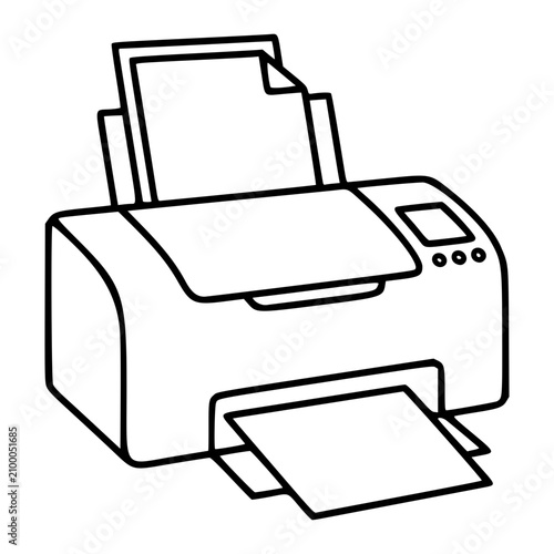 Foto A desktop printer machine with paper tray and control panel is depicted in clean black and white line art vector style, ideal for office software interfaces or technology documentation