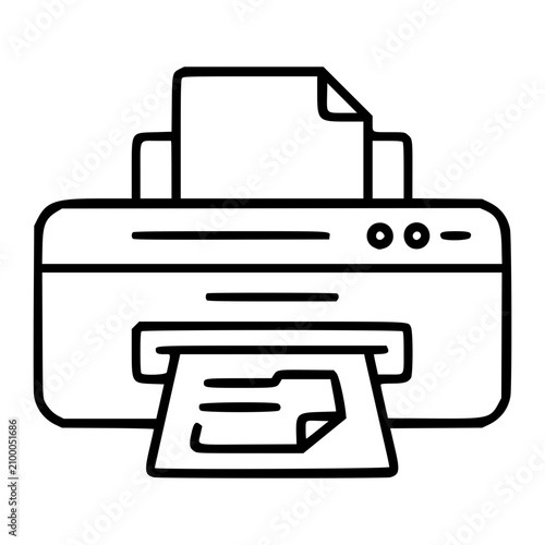 Bild auf Leinwand A crisp black and white line art vector icon representing a desktop printer with paper tray and output slot, designed for office software interfaces, tech support documentation, or business toolkits
