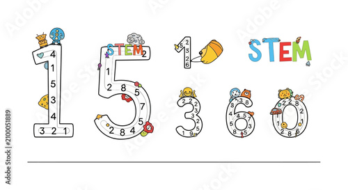 Educational number tracing activity with stem theme characters