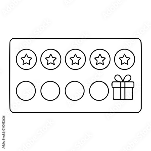 Customer loyalty stamp card vector illustration with star punch slots and gift reward box, hand-drawn outline style for retail promotion, coffee shop rewards program, and minimalist scalable business