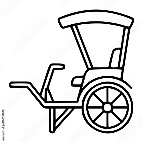 Classic hand-pulled rickshaw cart vector icon with canopy and spoked wheel, traditional transport outline illustration, minimalist scalable SVG for cultural travel and heritage tourism design.