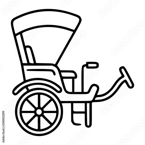 Traditional rickshaw cart vector icon with curved canopy and detailed wheel spokes, elegant hand-traced outline illustration, scalable SVG for Asian transport history and cultural design projects.