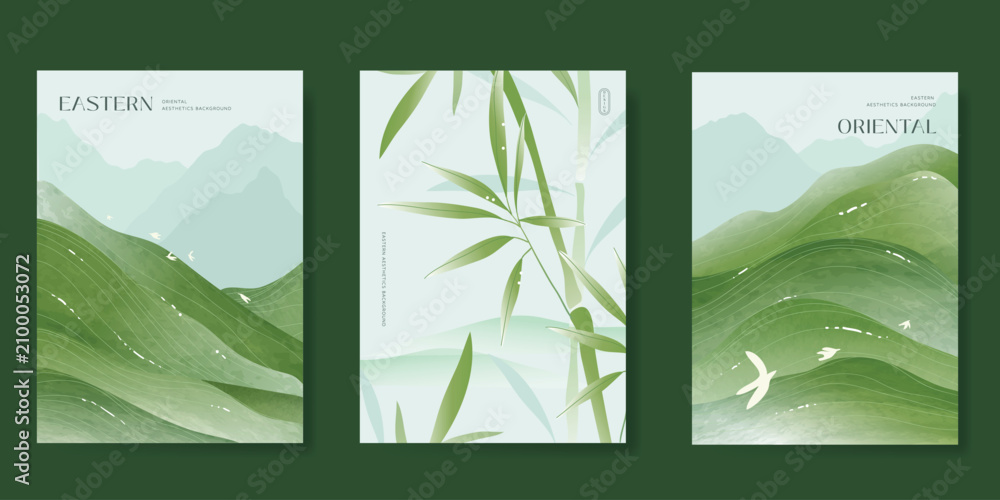 Obraz premium Modern gradient poster background vector set. Minimalist poster summer and spring cover template with green leaf and tree branch. Ideal design for social media, banner, card, ads.