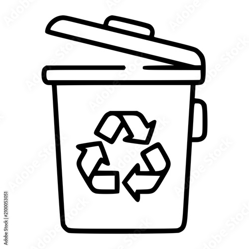 Konstfotografi Sleek black and white line art vector icon showing a recycling bin with lid and recycling mark, ideal for eco-conscious brands, municipal services, or green initiative websites