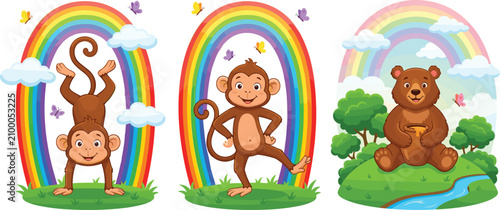 Canvas Print Cute Monkey And Bear Cartoon Character Set With Rainbow Butterflies Clouds Jungl