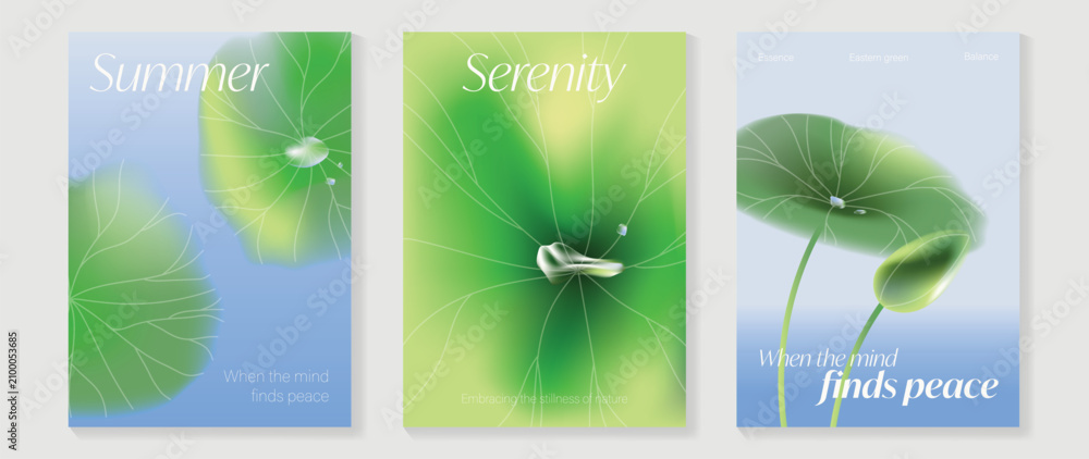 Fototapeta premium Modern gradient poster background vector set. Minimalist poster summer and spring cover template with green leaf and tree branch. Ideal design for social media, banner, card, ads.