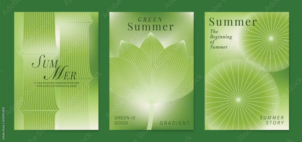 Obraz premium Modern gradient poster background vector set. Minimalist poster summer and spring cover template with green leaf and tree branch. Ideal design for social media, banner, card, ads.