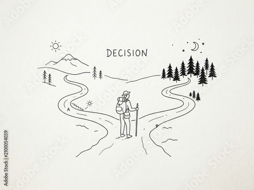 A person standing at a fork in the road concept illustration with decision traveler direction trekking planning