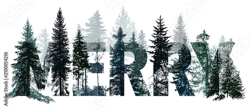 Layered winter forest scene with Merry cut-out lettering isolated on plain background