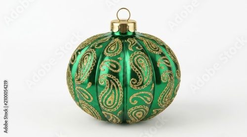 Decorative green bauble ornament with golden glitter paisley pattern for christmas tree.