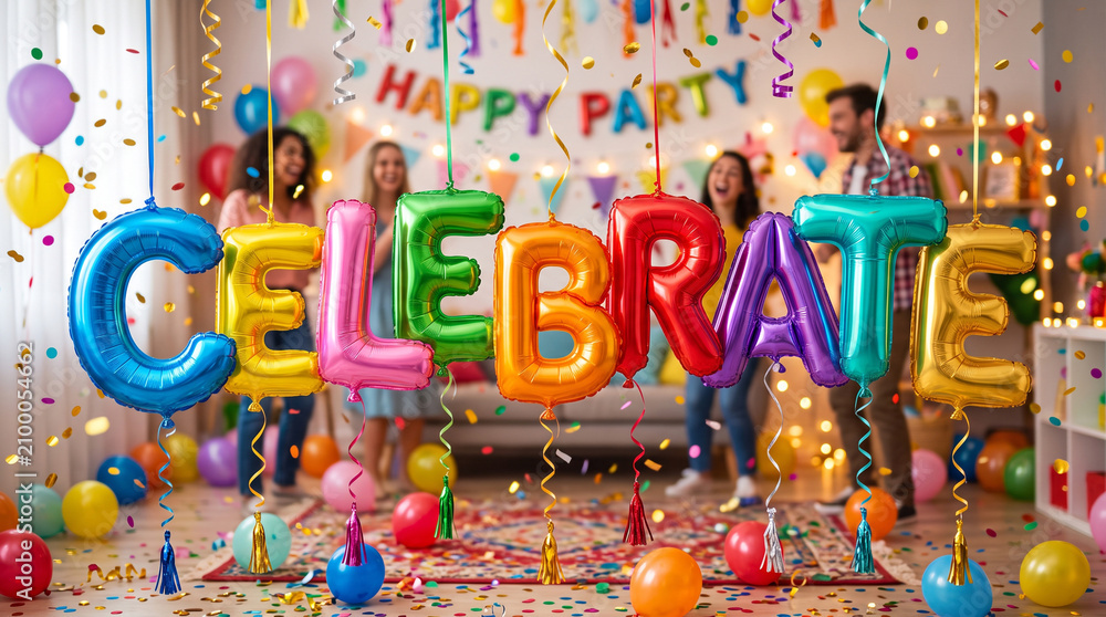 Obraz premium Children celebrating birthday party with colorful balloon letters. Happy kids holding festive sign spelling celebrate in confetti-filled room.