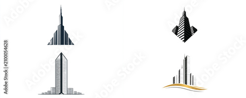 Luxury corporate logo, 3D glass skyscraper outline with sharp minimalist lines, isolated on white, 32k