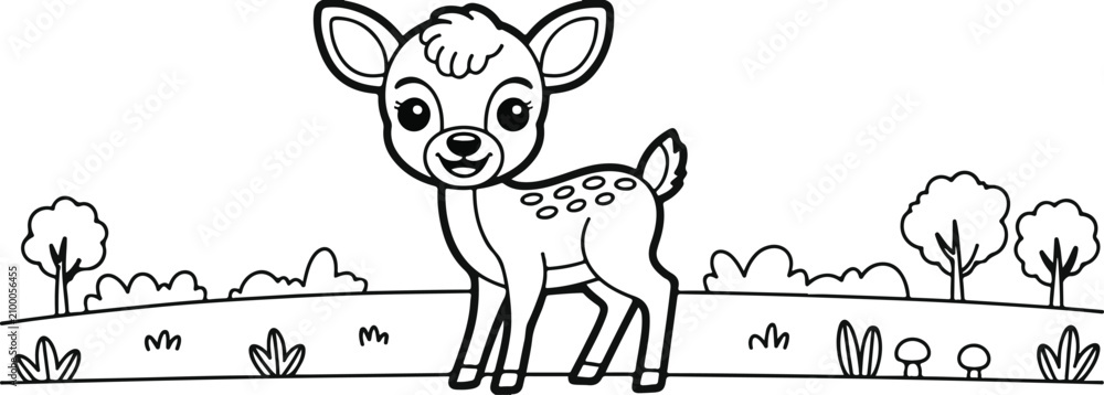 Obraz premium Cute cartoon deer standing in a field with trees and plants