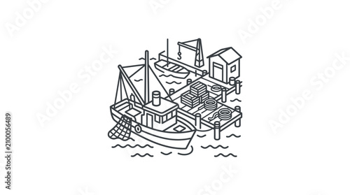 Obraz na płótnie Industrial Isometric of a Fishing Boat Unloading Cargo Near a Warehouse and Dock