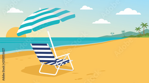 Vibrant vector illustration of striped beach umbrella and folding chair on golden morning sand overlooking sparkling turquoise ocean with distant palm trees and sunrise glow ideal for summer vacation