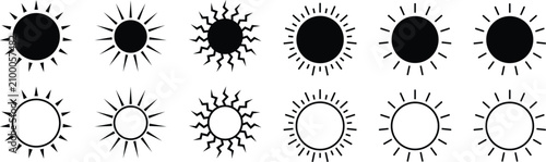 Full sun icons set, sunshine, sunlight and sunrise, vector illustration