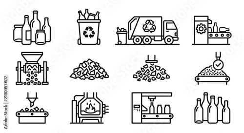 Glass bottle recycling and manufacturing process outline icons set