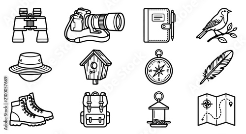 Outdoor and birdwatching line icons: binoculars, camera, map, compass, boots, backpack, bird, birdhouse. Vector illustrations for nature exploration, hiking, and adventure concepts.