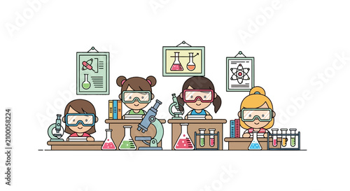 Bild auf Leinwand Group of girls conducting science experiments in chemistry lab