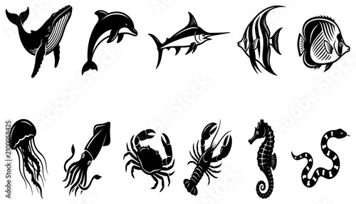 Photography Marine Animals in Black and White Silhouettes Including a Whale, Dolphin, Swordf