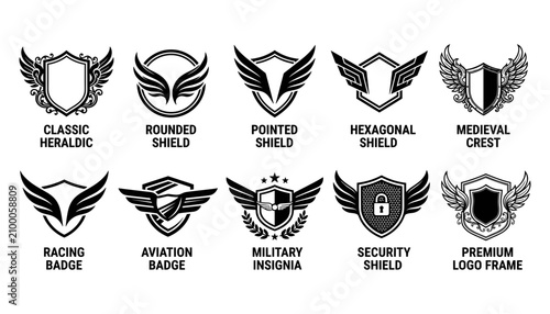 Shields and Badges with Various Designs and Styles Featuring Shield, Badge, Heraldic with Rounded and Pointed Elements