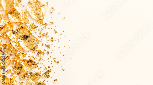 Gold leaf fragments dense left edge dissolving to clean warm cream right, luxury finance