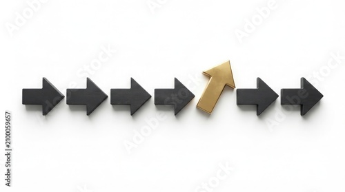 A single gold arrow diverges from a line of black arrows on a white background standing out differently