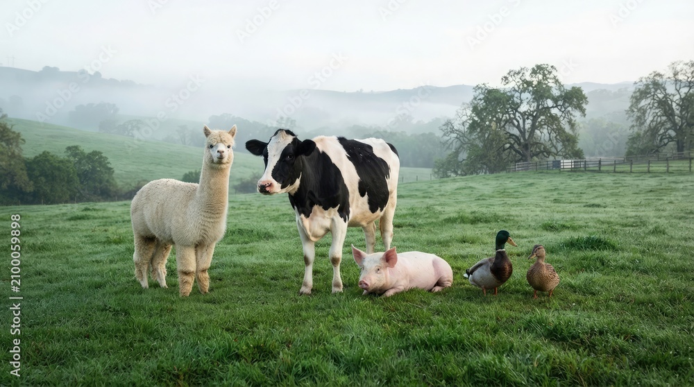 Fototapeta premium Animals standing and lying in a green field with trees