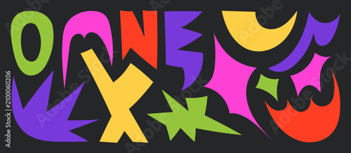 Bright abstract geometric shapes in neon colors on dark background. Vector-style hand-drawn set for posters, stickers, banners and modern graphic design.