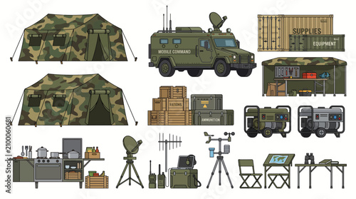 Military and Outdoor Camping Equipment Vector Illustration