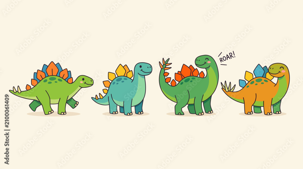 Obraz premium Adorable Cartoon Stegosaurus Dinosaurs Collection, Cute Prehistoric Animals Vector Set Illustration