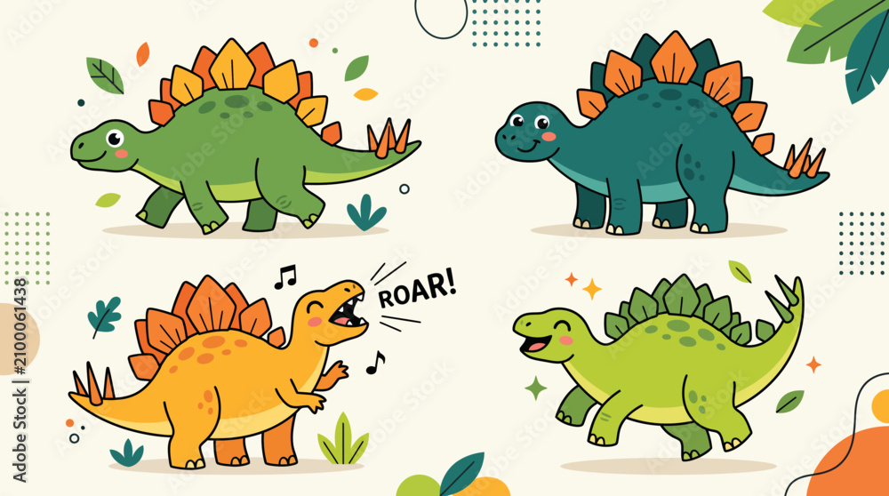 Fototapeta premium Cute Cartoon Stegosaurus Dinosaur Set Vector Illustration